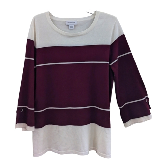 LIZ Claiborne Burgandy and Cream Striped Bell Sleeve sweater, size Large - Picture 1 of 3